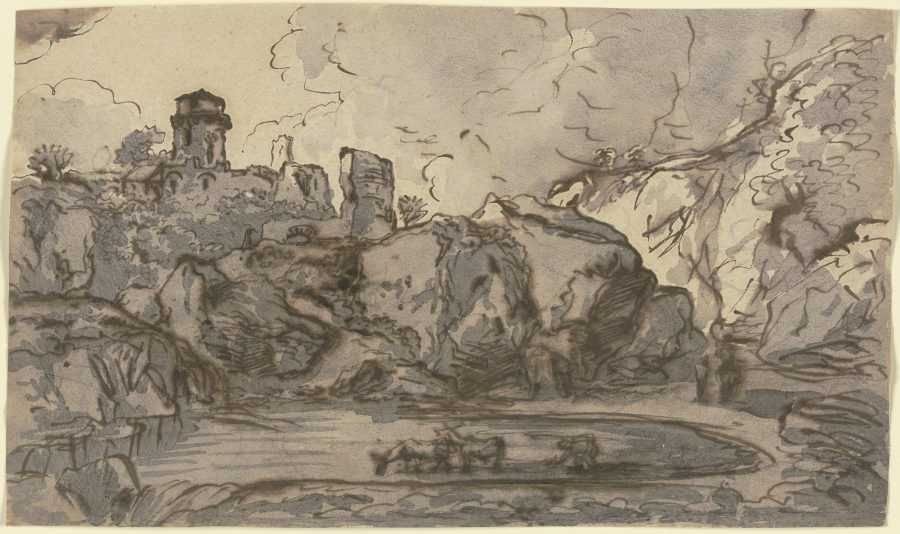 Burgruine an einem Gewässer, in dem Kühe stehen à Franz Innocenz Josef Kobell