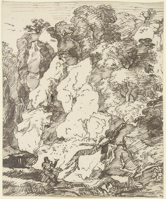Ein rastender Wanderer zu Füßen einer Felswand sitzend, mit deiktischem Gestus auf diese weisend (?) à Franz Innocenz Josef Kobell