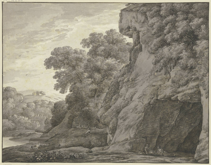 Eingang zu einer Felshöhle, links ein Gewässer à Franz Innocenz Josef Kobell