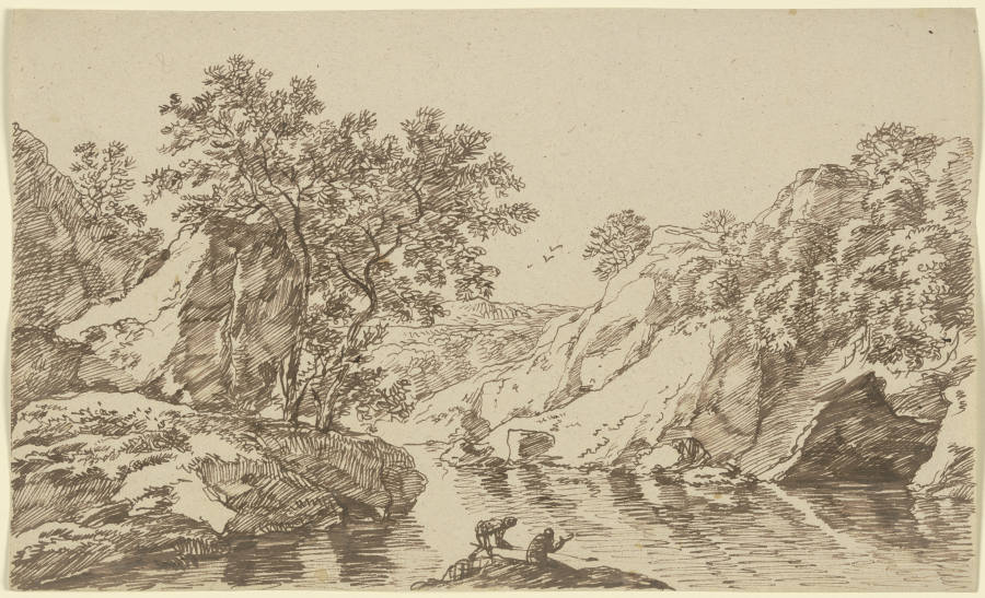Felsige Flusslandschaft mit zwei Anglern à Franz Innocenz Josef Kobell