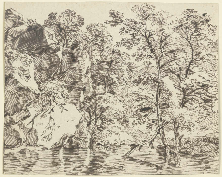 Felsige Uferböschung mit Bäumen am hoch stehenden Gewässer à Franz Innocenz Josef Kobell