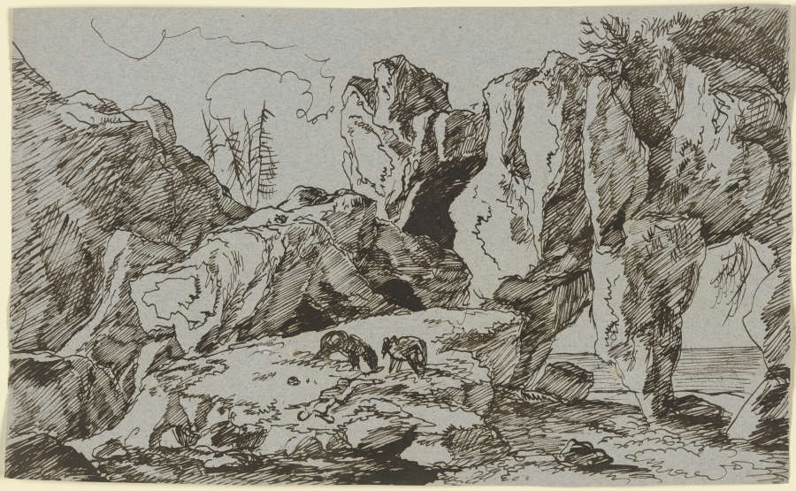 Felsküste mit abgestorbener Vegetation und weidenden Tieren à Franz Innocenz Josef Kobell