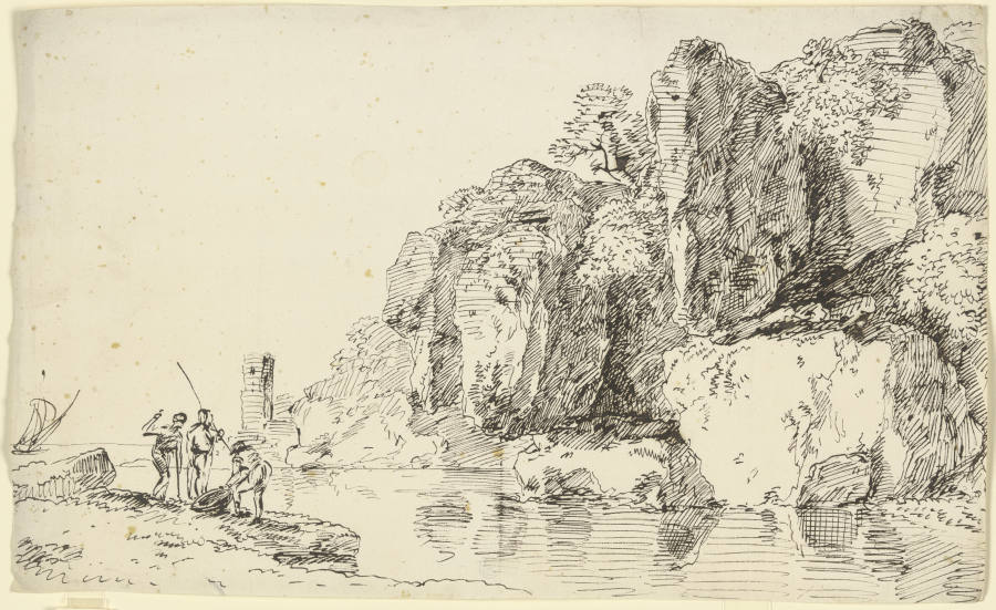 Felsküste mit Leuchtturm, im Vordergrund drei Fischer à Franz Innocenz Josef Kobell