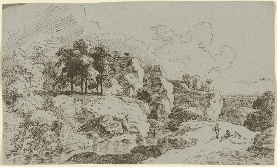 Felslandschaft mit zwei Wanderern an einem Fluss à Franz Innocenz Josef Kobell