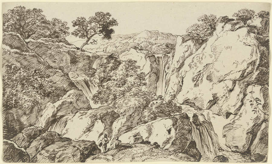 Felsschlucht mit zusammenlaufenden Wasserfällen à Franz Innocenz Josef Kobell