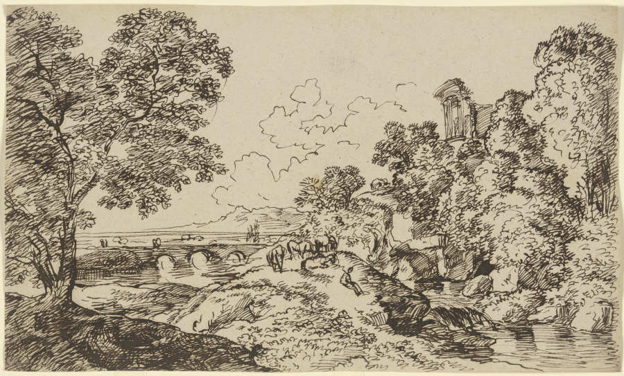 Flusslandschaft mit weidender Herde, im Mittelgrund eine Brücke und die Ruine eines Monopteros à Franz Innocenz Josef Kobell