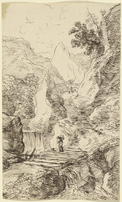 Gebirgslandschaft mit einem Wasserfall, im Vordergrund überquert ein Wanderer eine Holzbrücke à Franz Innocenz Josef Kobell