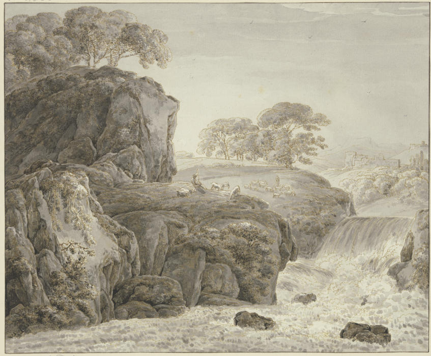 Gebirgslandschaft mit Herde und Wasserfall à Franz Innocenz Josef Kobell