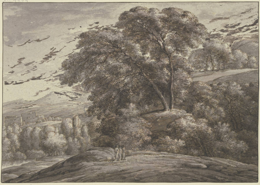 Gebirgslandschaft mit hohen Bäumen und drei Frauengestalten à Franz Innocenz Josef Kobell