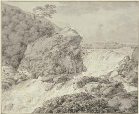 Gebirgslandschaft mit Wasserfall und Herde