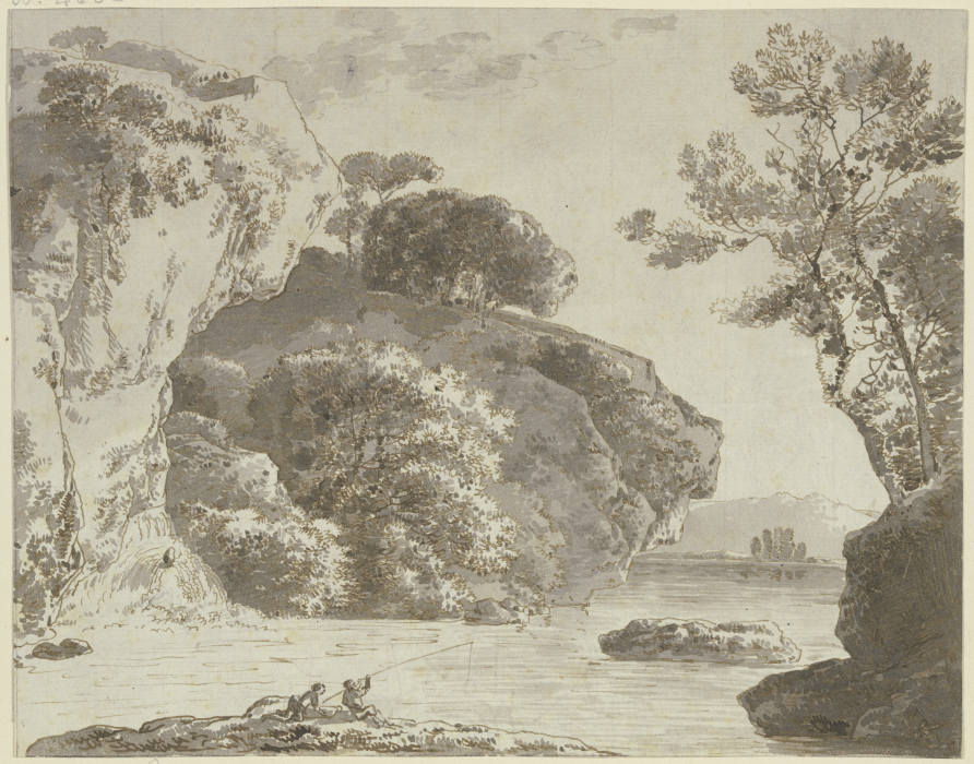 Gewässer bei hohen Felsen, im Vordergrund zwei Angler à Franz Innocenz Josef Kobell
