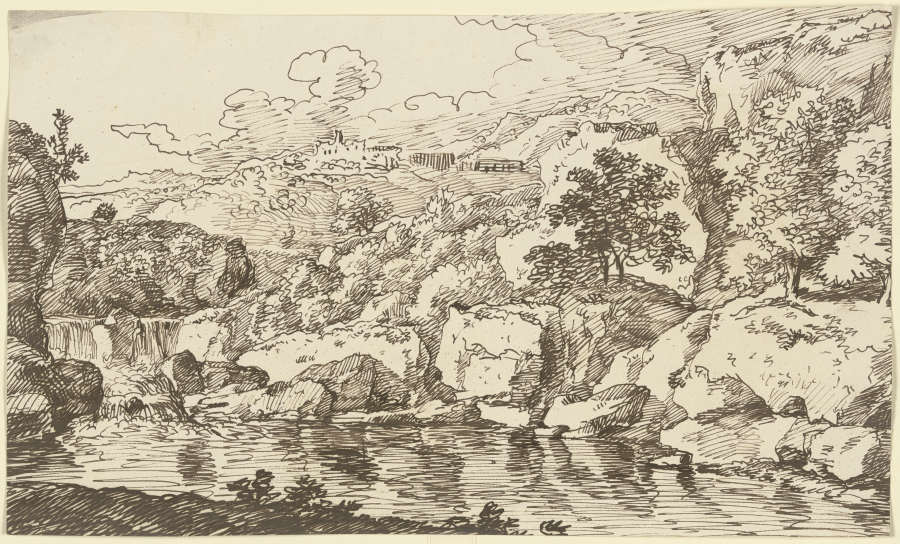 Gewässer, in der Ferne auf einem Berg eine festungsartige Anlage à Franz Innocenz Josef Kobell