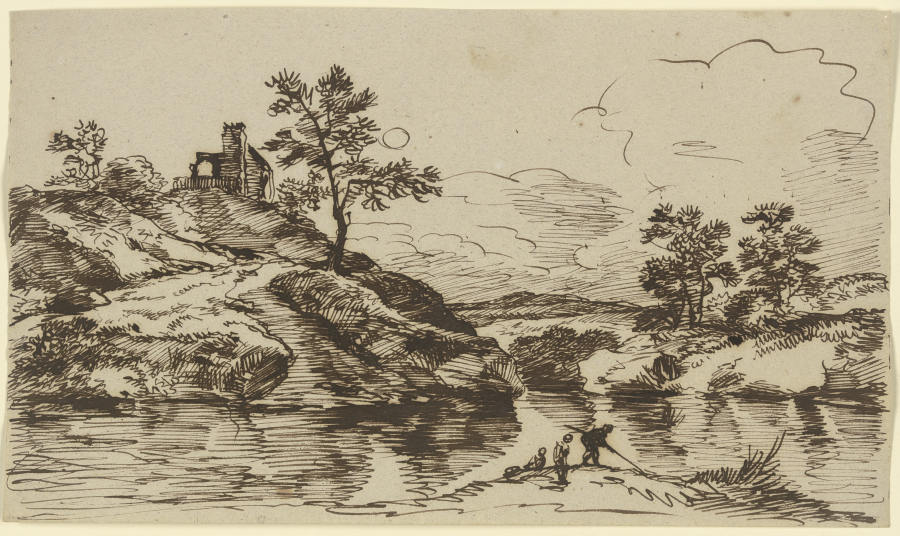 Gewässer mit Anglern und einem am gegenüberliegenden Ufer erhöht gelegenen Gebäude à Franz Innocenz Josef Kobell