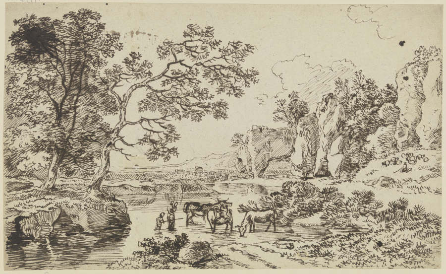 Hirten mit Vieh an einem Fluß à Franz Innocenz Josef Kobell
