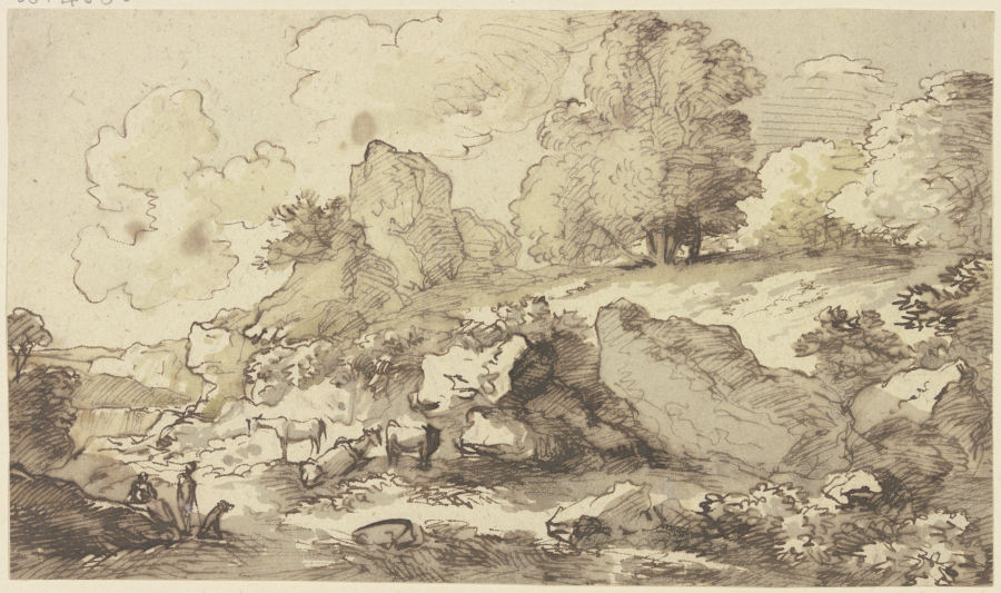 Hirten und Herde in felsiger, baumbestandener Landschaft à Franz Innocenz Josef Kobell