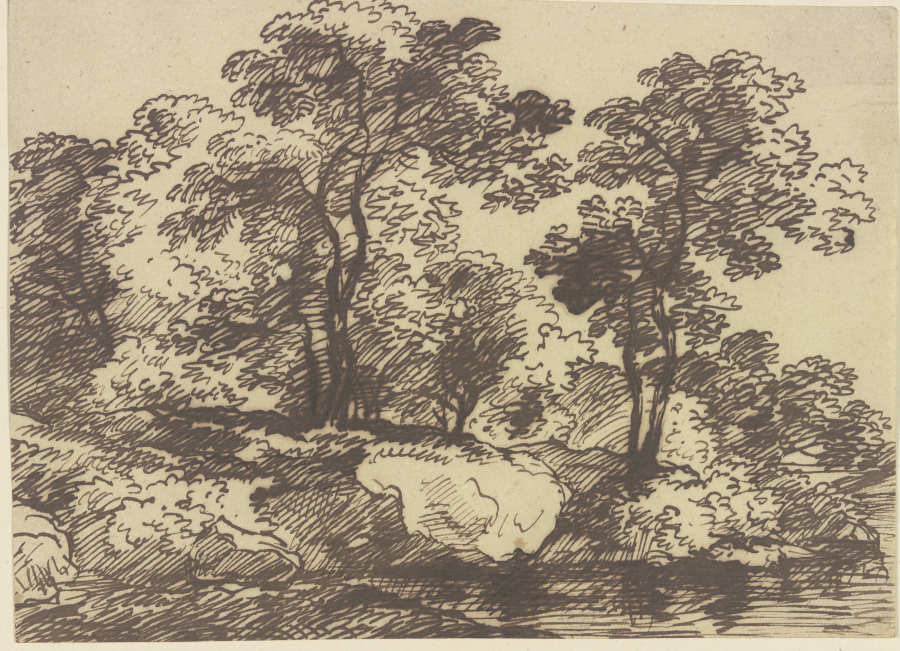 Hohe Bäume an einem felsigen Ufer à Franz Innocenz Josef Kobell