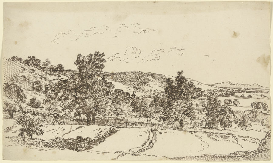 Hügellandschaft mit Feldern und einem von Bäumen verdeckten Dorf à Franz Innocenz Josef Kobell