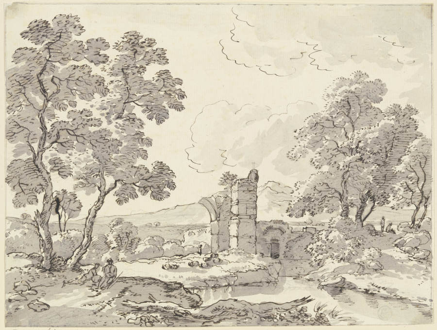 Landschaft mit antiken Ruinen, Hirten und Herde à Franz Innocenz Josef Kobell