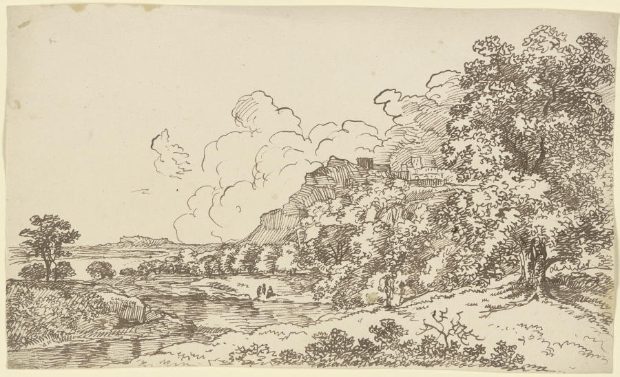 Landschaft mit Gewässer, rechts auf einem Berg eine Festungsanlage à Franz Innocenz Josef Kobell