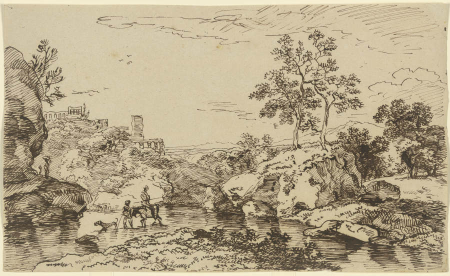 Landschaft mit Reisenden an einer Furt à Franz Innocenz Josef Kobell