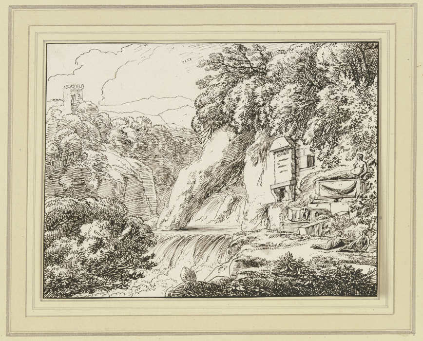 Landschaft mit Wasserfall, rechts ein Epitaph sowie ein Sarkophag à Franz Innocenz Josef Kobell