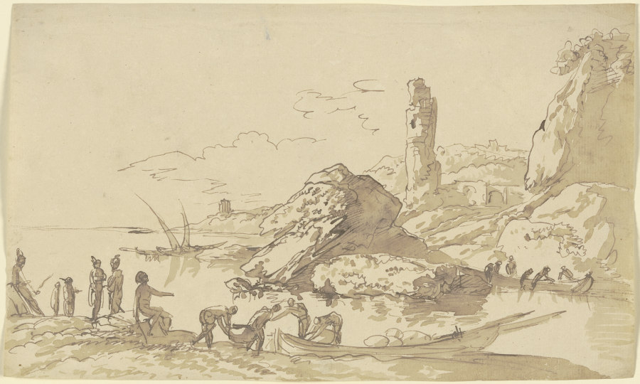 Meeresufer, im Vordergrund Männer, die ein Boot beladen, im Mittelgrund die Ruine eines Turms, im Hi à Franz Innocenz Josef Kobell