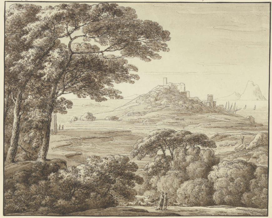Südliche Landschaft mit Burg, Hafen und Staffagefiguren à Franz Innocenz Josef Kobell