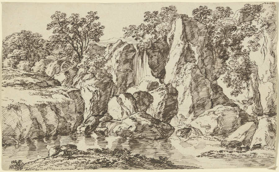 Wasserfall an einem Felshang à Franz Innocenz Josef Kobell