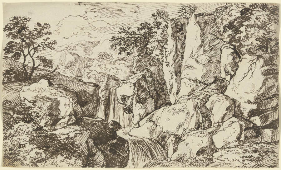 Wasserfall entlang einer Felswand im Gebirge à Franz Innocenz Josef Kobell