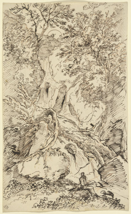Zerborstene Baumstämme in einer Felsschlucht mit Wasserfall, davor ein rastender Wanderer à Franz Innocenz Josef Kobell