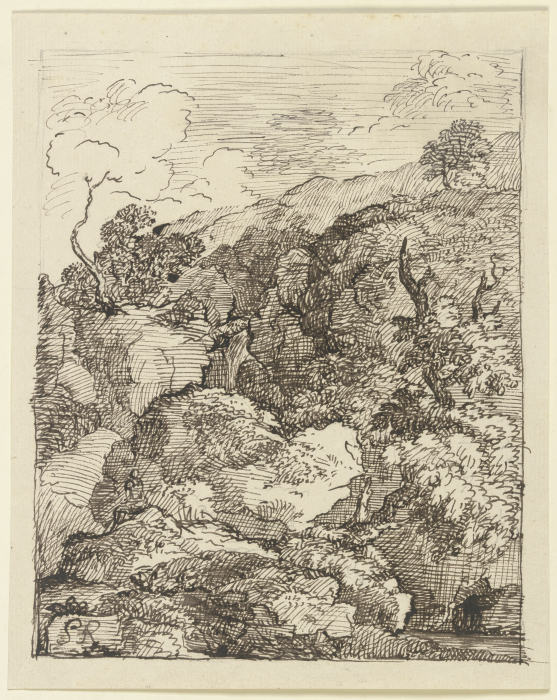 Zerklüftete Felspartie, im Vordergrund ein zerborstener Baum à Franz Innocenz Josef Kobell