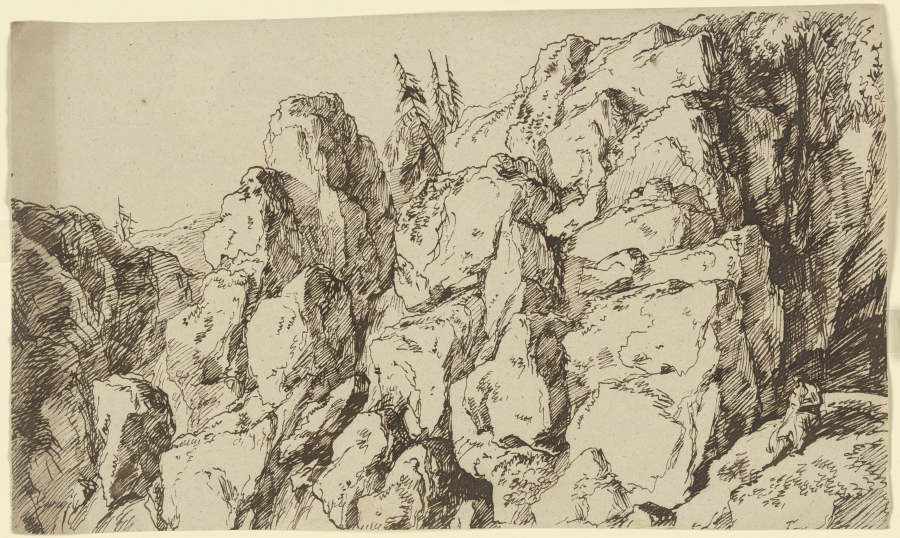 Zerklüftete Felswand, vorne rechts eine am Hang sitzende Gewandfigur à Franz Innocenz Josef Kobell