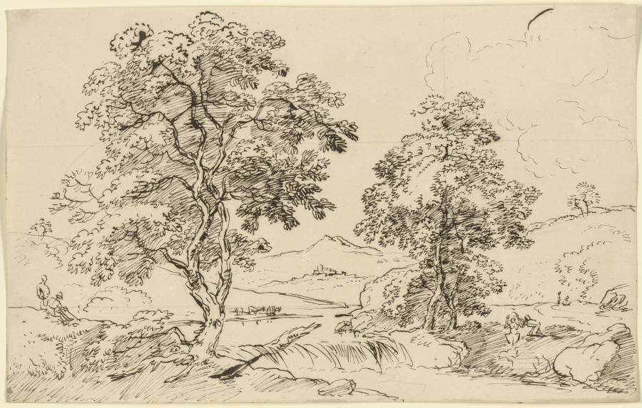 Zwei Bäume links und rechts eines Baches à Franz Innocenz Josef Kobell