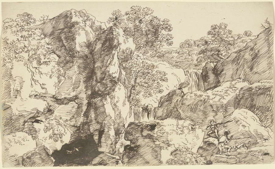 Zwei Jäger mit Hund in einer Felswand stehend à Franz Innocenz Josef Kobell