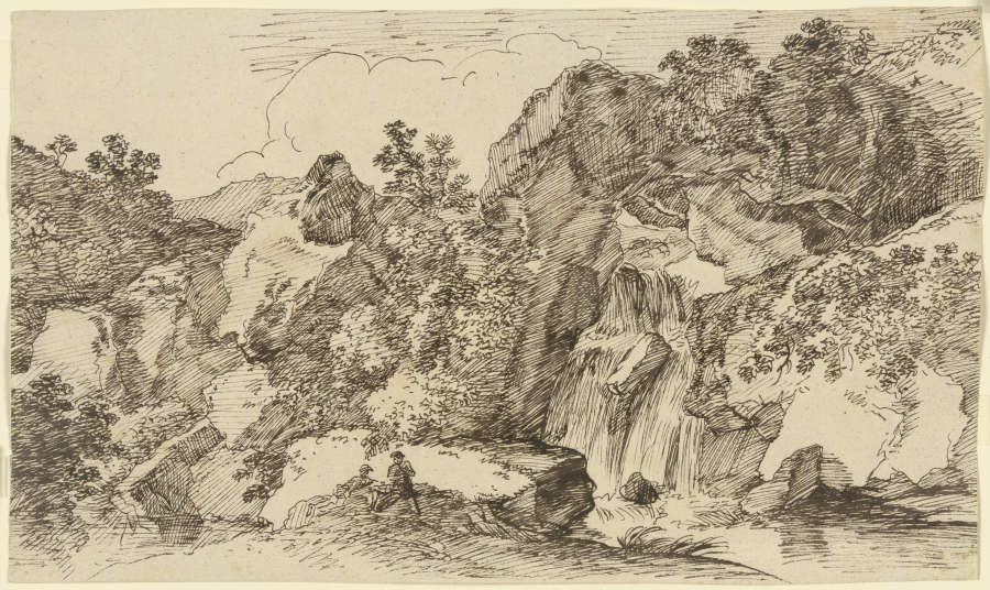 Zwei Wanderer am Wasserfall im Gebirge ruhend à Franz Innocenz Josef Kobell