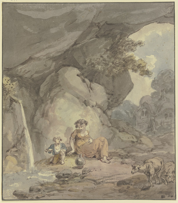 Junge Frau mit ihrem Kind an einer Felsenquelle rastend, rechts zwei Schafe à Franz Joseph Manskirsch