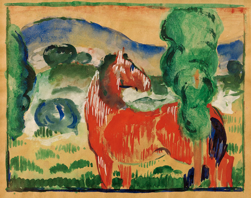 Red horse in a colourful landscape à Franz Marc
