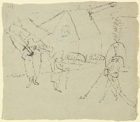 Zwei Männer und ein Soldat mit Sprechblasen