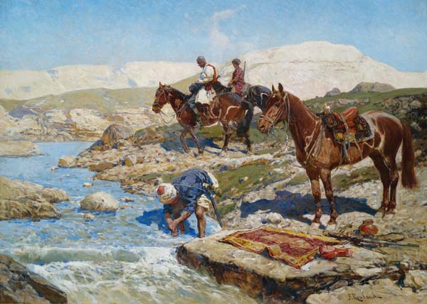 Cherkessian Horseman Crossing the River à Franz Roubaud