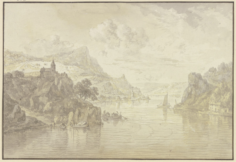 Blick in ein Flusstal mit felsigen Ufern, links auf einem Felsen eine Kirche à Franz Schütz