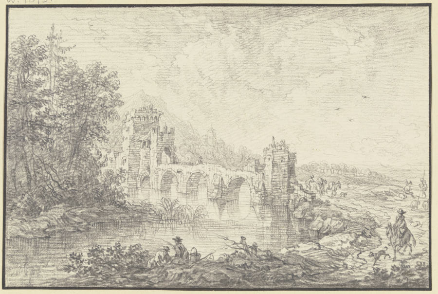Von Türmen flankierte Brücke, im Vordergrund am Fluß ein Angler und ein Reiter à Franz Schütz