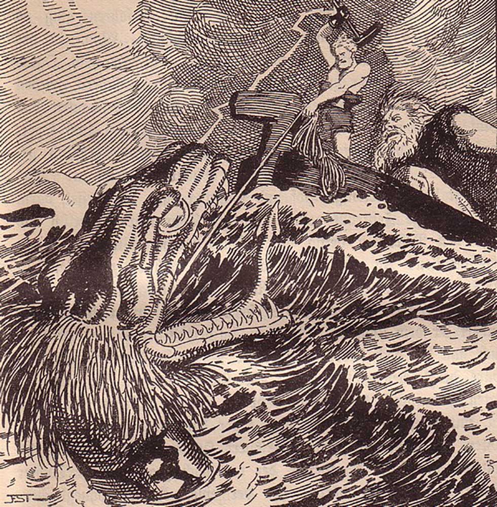 Thor and Hymir Fishing the Midgard Serpent. Illustration for "The Edda: Germanic Gods and Heroes" by à Franz Stassen