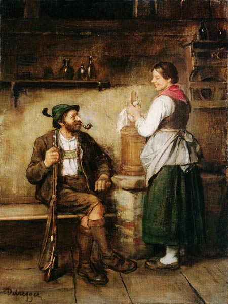 Chasseur et la servante dans la cuisine dans une conversation joyeuse à Franz von Defregger