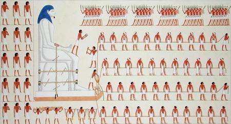 A wall painting at Beni Hasan depicting the moving of a colossal statue of a Pharaoh (colour litho) à Frederic Cailliaud