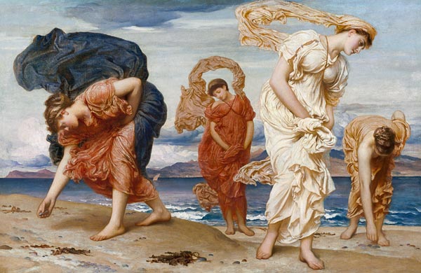 Filles grecques en prenant des pierres de silex sur la plage à Frederic Leighton