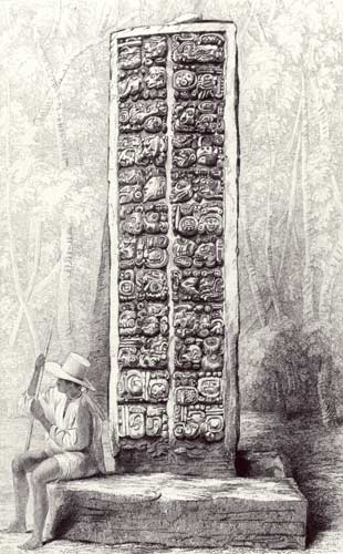 Hieroglyphs on the rear of a monument at Copan, Honduras, from volume I of 'Incidents of Travel in C à Frederick Catherwood