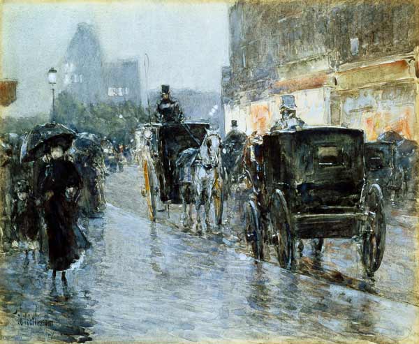 Horse Drawn Cabs at Evening, New York à Frederick Childe Hassam