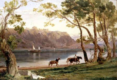 River landscape with barge horses à Frederick Lee Bridell