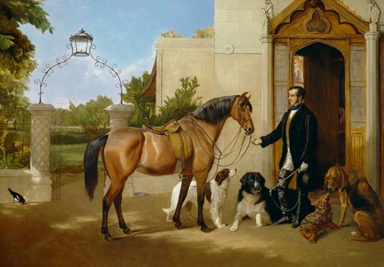 A Gentleman with his Hunter and Dogs outside his house à Frederick W. Keyl