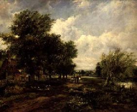 Wooded river landscape with a cottage and a horse drawn cart